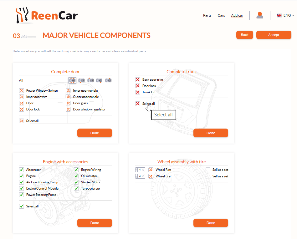 English ReenCar App screen for choosing the dismantling depth of vehicle assemblies