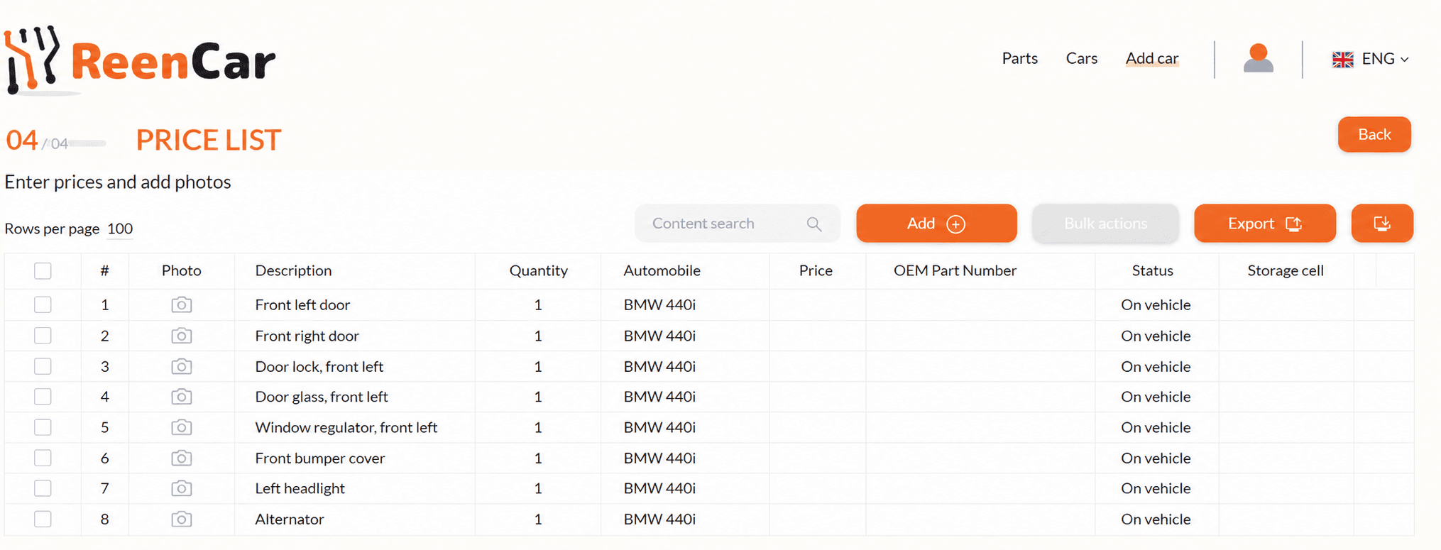 English vehicle parts price list in ReenCar App